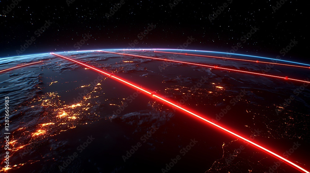 Stunning View of Earth at Night with Vibrant Red Laser Lights and Starry Space Background Stunning View of Earth at Night with Vibrant Red Laser Lights and Starry Space Background