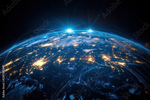 Fototapeta Naklejka Na Ścianę i Meble -  High-resolution digital representation of earth from space with illuminated cityscapes and glowing network connections