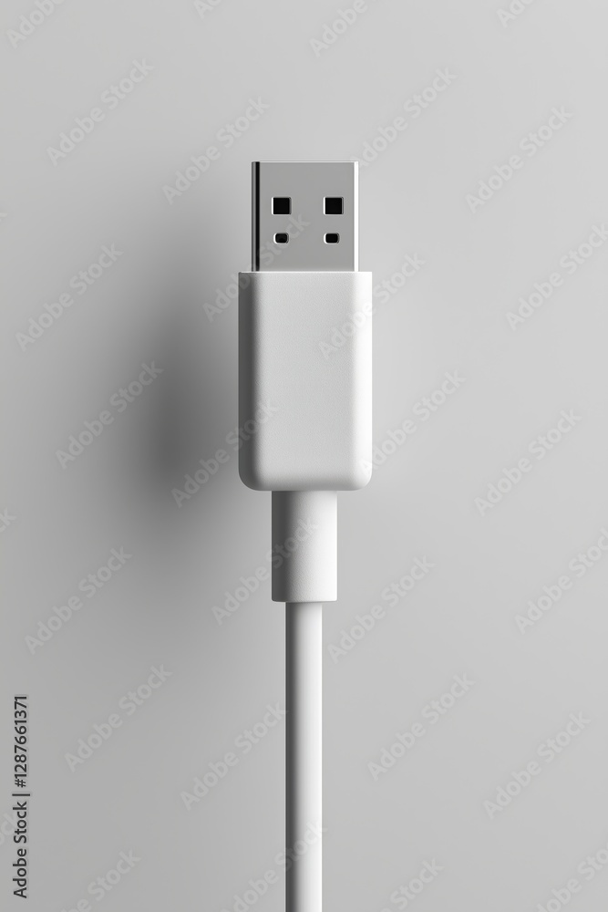 Close-up of a white usb cable connector against a light gray background Close-up of a white usb cable connector against a light gray background