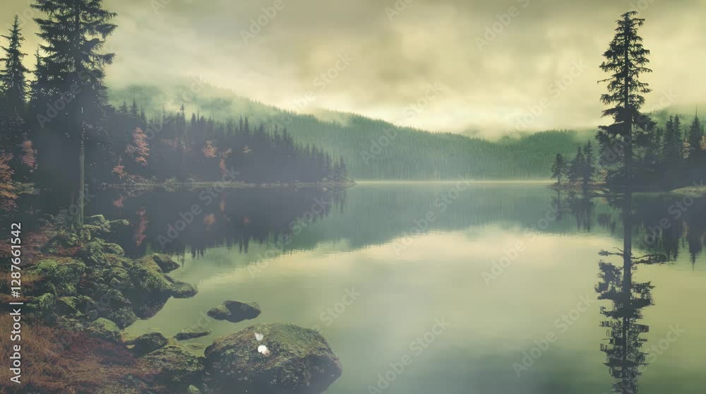 A misty lake reflects the surrounding evergreen trees and distant mountains. The calm water and soft fog create a peaceful, mysterious, and immersive natural atmosphere.