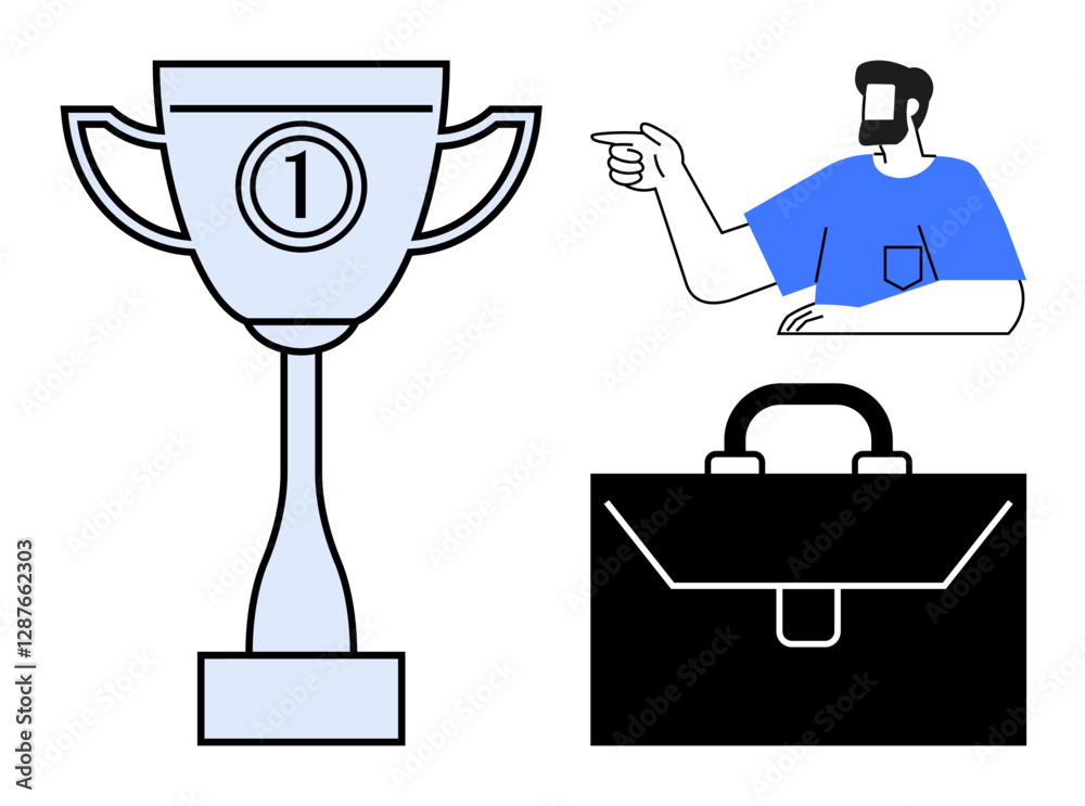 Trophy with 1 indicating victory, businessman in blue shirt pointing, black briefcase. Ideal for themes of success, recognition, business achievements, leadership, career progress, professionalism Trophy with 1 indicating victory, businessman in blue shirt pointing, black briefcase. Ideal for themes of success, recognition, business achievements, leadership, career progress, professionalism