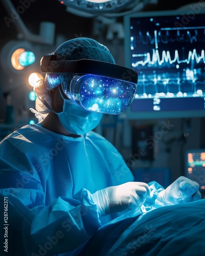 A doctor wearing augmented reality (AR) glasses while performing surgery, with holographic medical data floating around