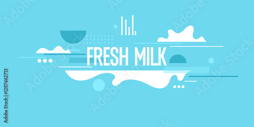 Modern poster fresh milk with splashes on a background. Vector illustration in flat minimalistic style. A poster for advertising dairy products.