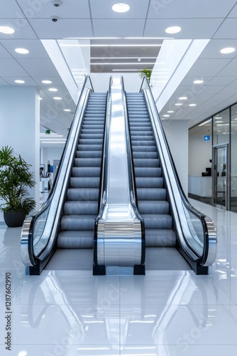 Modern escalators in a sleek, bright shopping center with polished floors and contemporary design