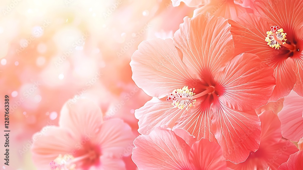 Fototapeta premium Soft Pink Hibiscus Flowers with Gentle Blurred Background Creating a Dreamy and Serene Atmosphere