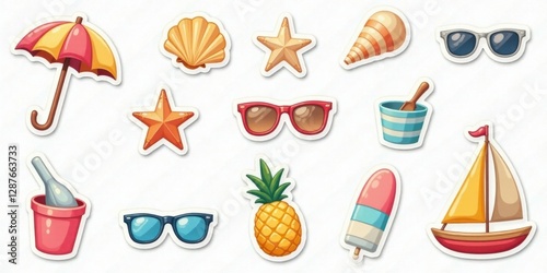 Vibrant Summertime Sticker Collection Featuring Sunglasses, Beach Umbrella, Seashells, Starfish, Pineapple, and Sailing Boat