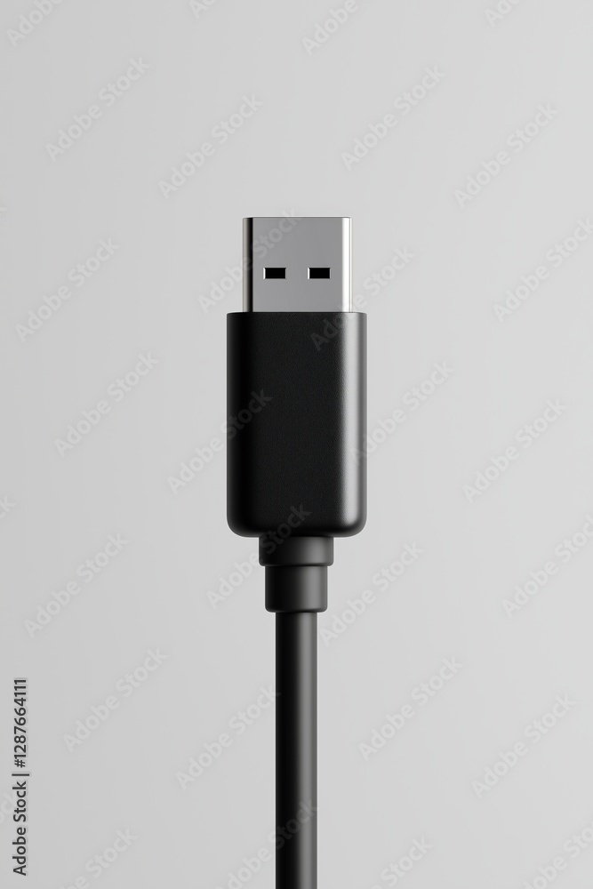 Black usb cable connector against a minimalist gray background Black usb cable connector against a minimalist gray background