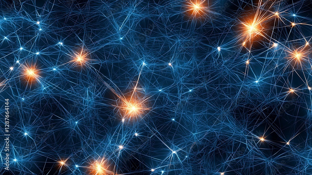 Abstract digital network connections with glowing dots and lines in blue and orange colors on dark background Abstract digital network connections with glowing dots and lines in blue and orange colors on dark background