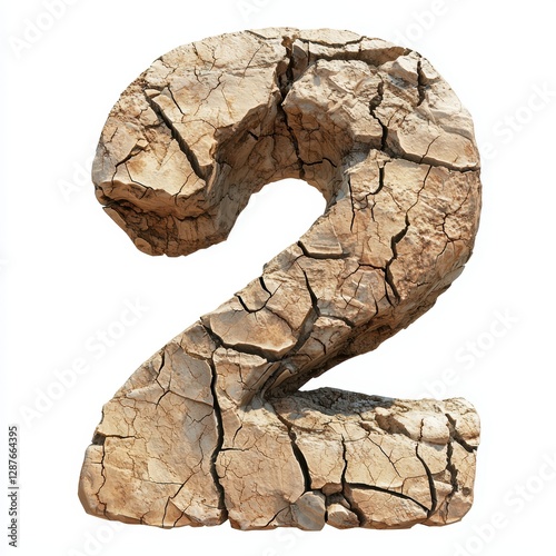 Number 2 made of cracked desert rock with dry, weathered patterns and deep fissures isolated on a clean white background