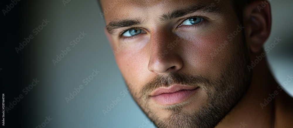 Obraz premium A close-up portrait of an attractive man , against a soft background, looking at the camera. 