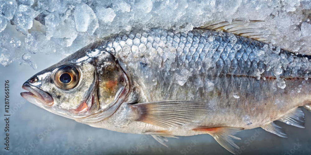 Closeup of frozen fish with visible ice crystals in a transparent background showcasing its crystalline structure and icy texture, frozen fish, close-up photography Closeup of frozen fish with visible ice crystals in a transparent background showcasing its crystalline structure and icy texture, frozen fish, close-up photography