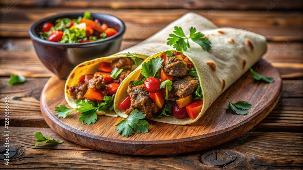 Sizzling Indian street food wrap filled with spicy lamb and vegetables Sizzling Indian street food wrap filled with spicy lamb and vegetables