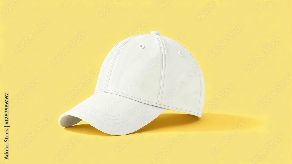 Fototapeta premium Baseball white caps front view or side view mock up logo, sticker, branding, hat, fashion, blank, advertisement, promoting, realistic, template, presentation, advertising isolated on yellow background