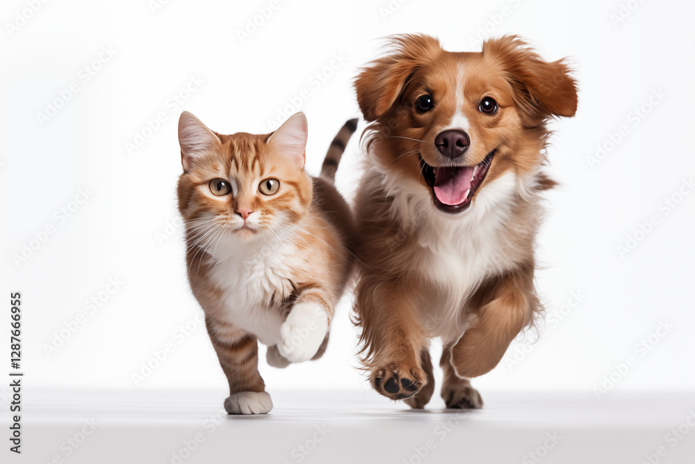 Obraz premium A picture of a cat and a dog running together is a cute animal generative ai