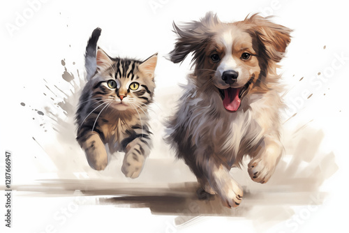 A picture of a cat and a dog running together is a cute animal generative ai