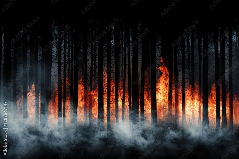 Naklejka premium Devastating Fire in a Dark Forest with Smoke and Flames