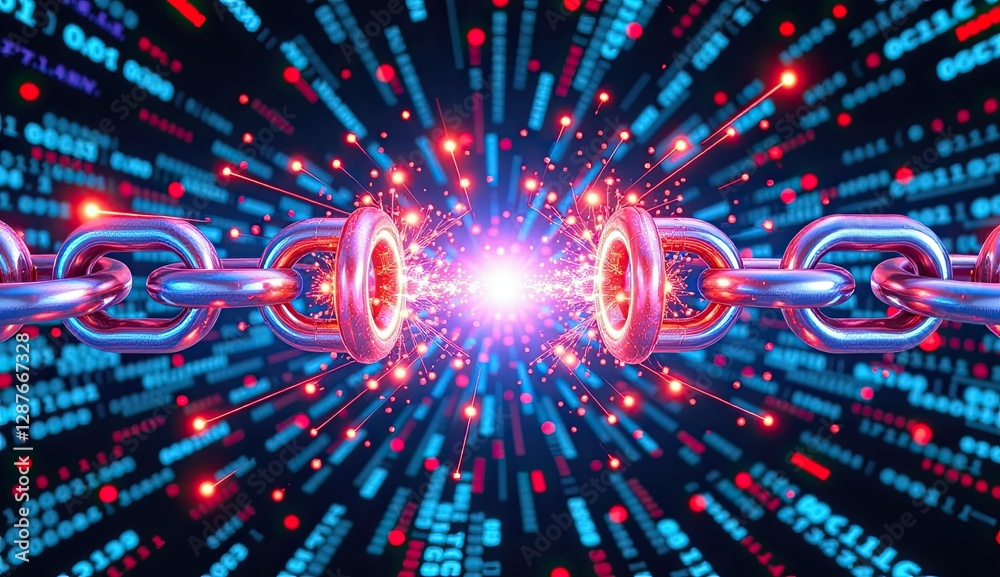 Fototapeta premium Futuristic Digital Chain Breaking with Vibrant Neon Background