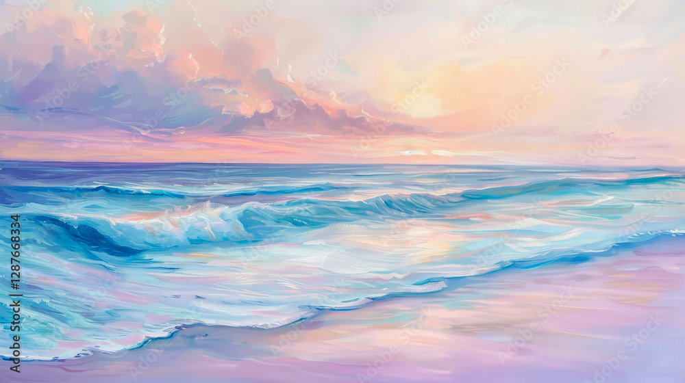 Obraz premium Beachscape on sunrise. Serene beauty of pastel-hued, pink and purple tones, where gentle waves roll onto the sand under tranquil sunrise. Perfect for evoking calm and inspiration. Copy space for text