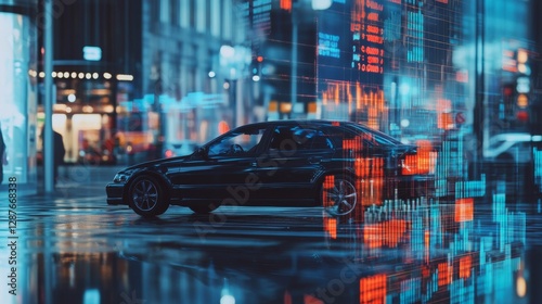 American car dealership struggling with rising import costs, customers hesitant, financial charts on screen,