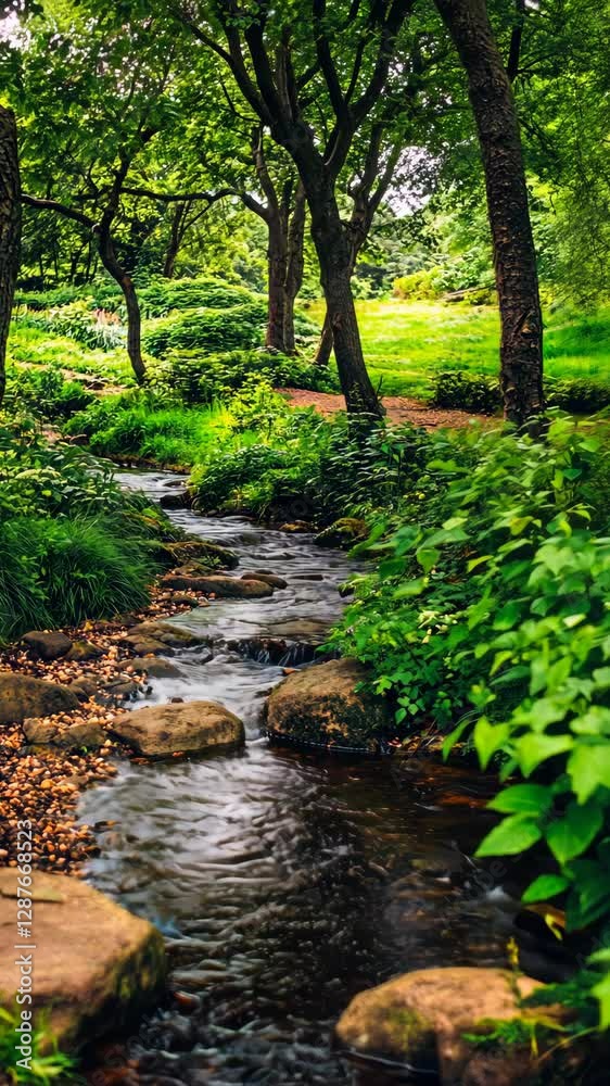 Flowing stream with lush greenery and trees in a serene forest setting during daylight Flowing stream with lush greenery and trees in a serene forest setting during daylight