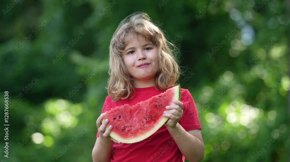 Happy kid eating a juicy watermelon in summer. A happy child biting into a slice of watermelon. A close-up portrait of a kid enjoying watermelon. Summer portrait of a child eating watermelon outdoors.