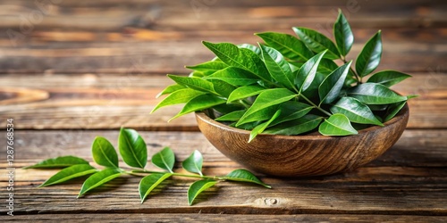Fresh curry leaves in a coconut bowl on wooden background, vibrant green and tender leaves arranged artfully , leafy greens, organic ingredients