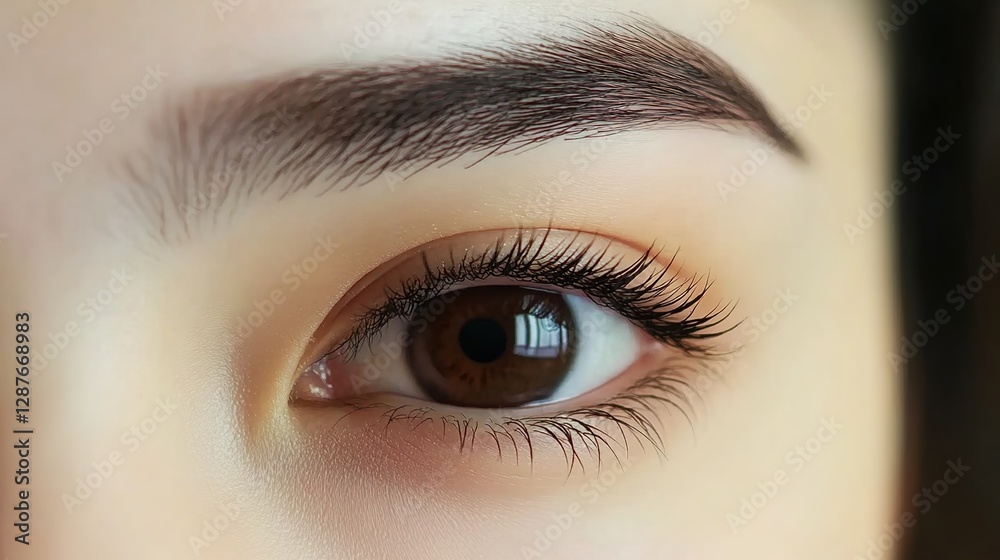 Obraz premium Close-up of a beautiful woman's eye with thick eyebrows and eyelashes. Macro shot of a female model with brown eyes looking at the camera.
