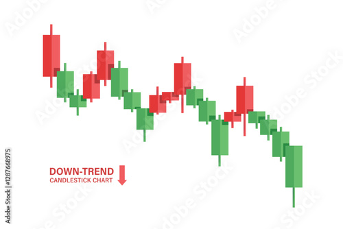 Candlestick charts show the stock market or cryptocurrency market in a downtrend. It is a step-by-step downtrend from green to red. Causing traders or investors to have losses, vector 3d