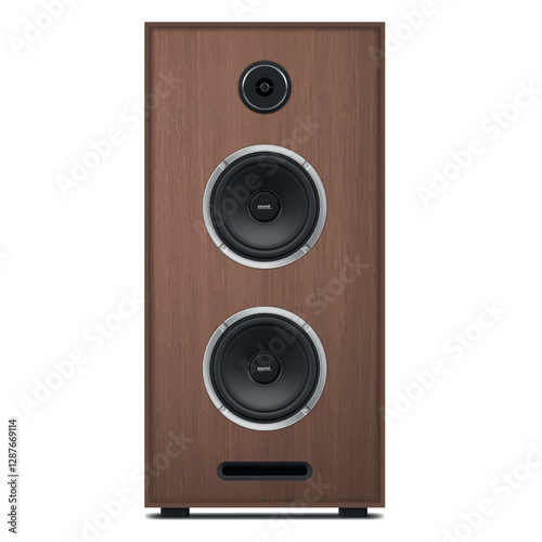 Sound speaker designed for high-quality audio with wooden finish and dual woofers in a modern home setting