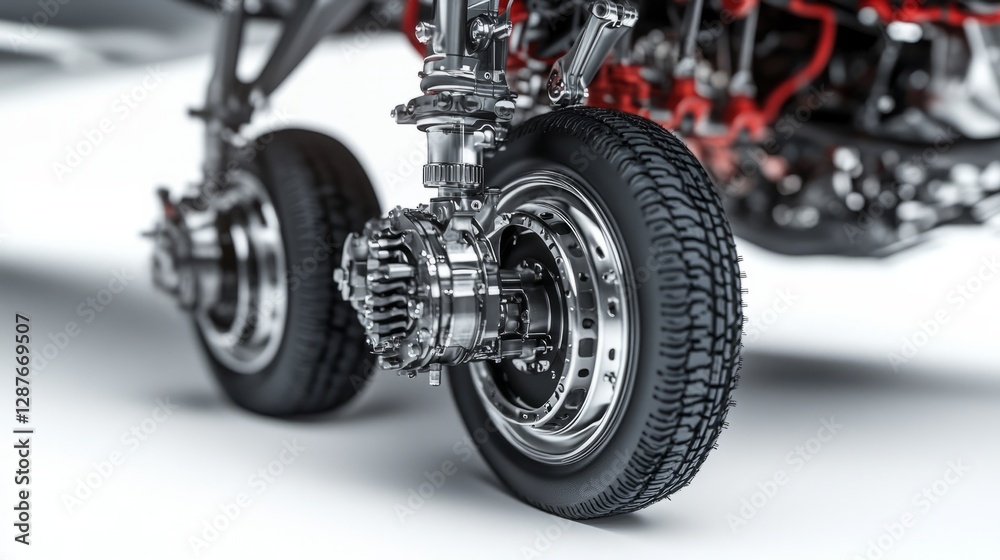 A close-up view of an airplane's engine and landing gear, isolated on a white background A close-up view of an airplane's engine and landing gear, isolated on a white background
