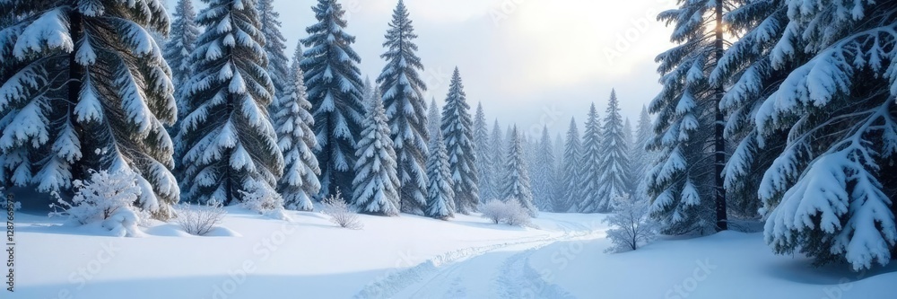 A blanket of snow covering the ground and trees, forest landscape, snowy A blanket of snow covering the ground and trees, forest landscape, snowy