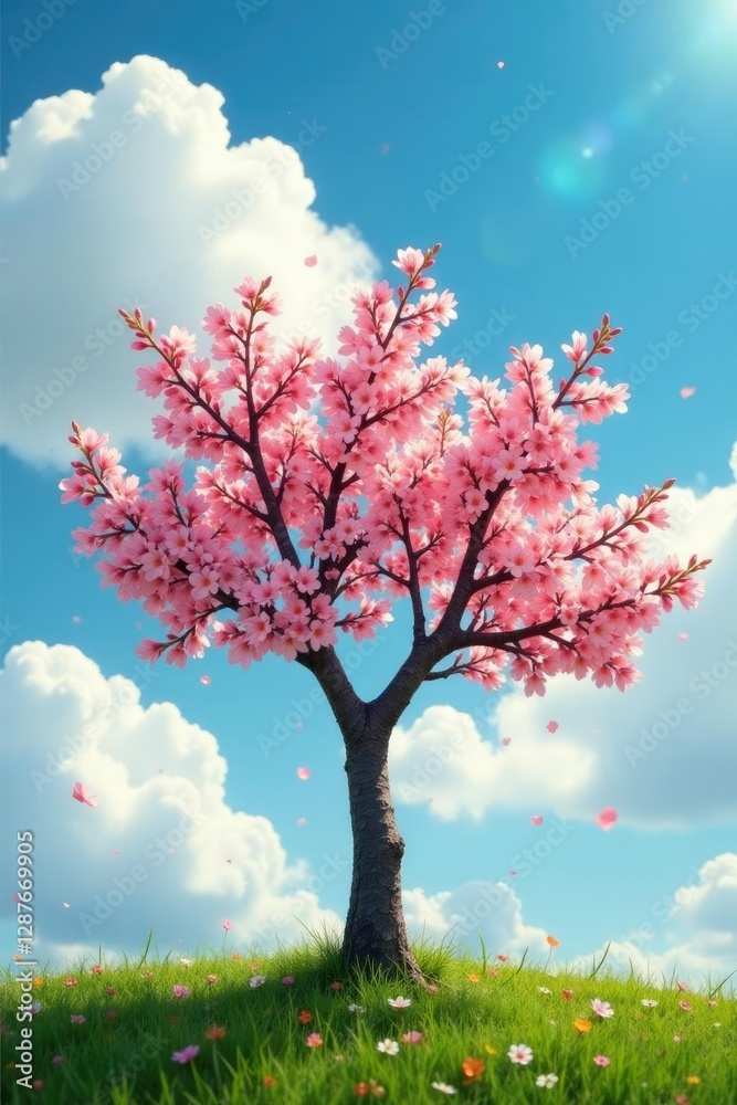 A blooming apricot tree against a bright blue sky with fluffy white clouds and warm sunshine, blossom, clouds, nature A blooming apricot tree against a bright blue sky with fluffy white clouds and warm sunshine, blossom, clouds, nature