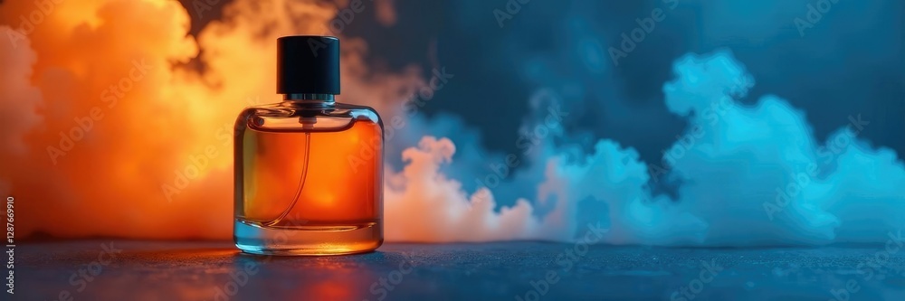 A blue and orange smokey background with a perfume bottle on it, orange, smoke A blue and orange smokey background with a perfume bottle on it, orange, smoke