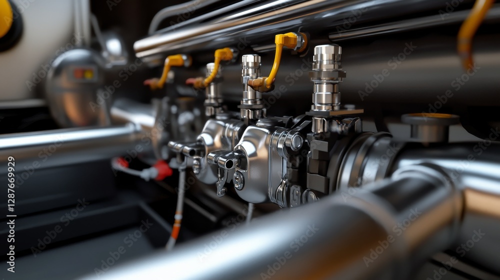 Fototapeta premium Close-up of an NGV fuel system inside a vehicle, showcasing high-pressure gas tanks, safety valves, and reinforced pipelines