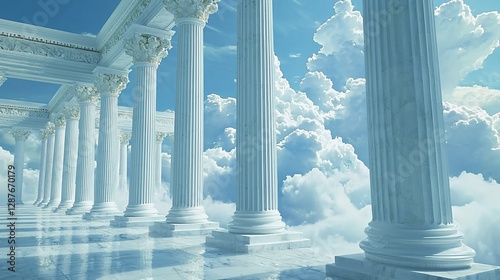 Heavenly white marble columns and architecture above clouds.