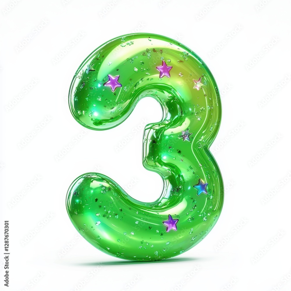 Number 3 made of neon green slime with iridescent star-shaped glitter floating inside isolated on a clean white background Number 3 made of neon green slime with iridescent star-shaped glitter floating inside isolated on a clean white background