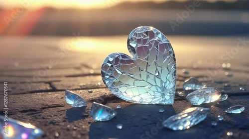 A shattered glass heart lies on the ground, reflecting morning sunlight, symbolizing love, heartbreak, and emotional fragility.