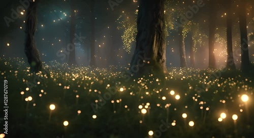 Enchanted Forest at Night with Glowing Fireflies