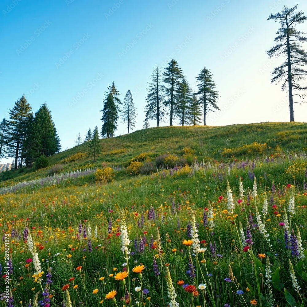 Obraz premium A hillside with a meadow full of colorful wildflowers and tall trees, wildflowers, trees, meadow