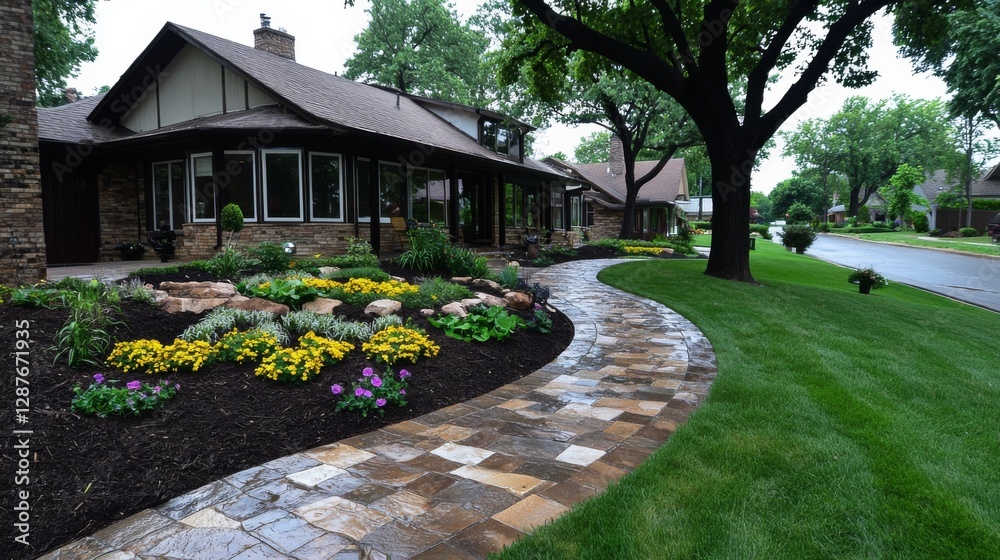 Naklejka premium Beautifully landscaped garden with stone pathway beside a charming home on a sunny day