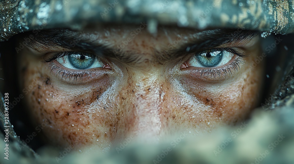 A close-up of a face and eyes, looking angry with the head slightly tilted back in a frontal view, wearing camouflage . A close-up of a face and eyes, looking angry with the head slightly tilted back in a frontal view, wearing camouflage .