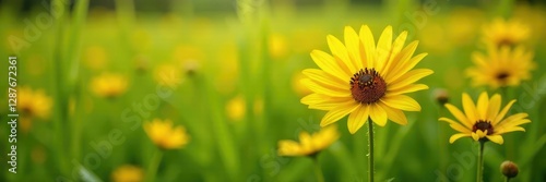 Bright yellow flowers with dark centers in a field of tall grass, blooming, summer blooms, wildflowers