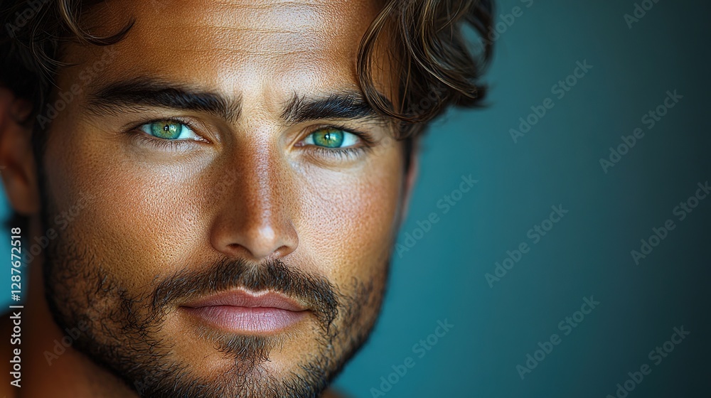 A close-up portrait of an attractive male model with green eyes, dark hair, and a short beard, posing for the camera. A close-up portrait of an attractive male model with green eyes, dark hair, and a short beard, posing for the camera.