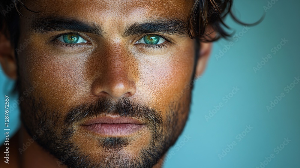 A close-up portrait of an attractive male model with green eyes, dark hair, and a short beard, posing for the camera. A close-up portrait of an attractive male model with green eyes, dark hair, and a short beard, posing for the camera.