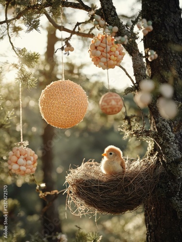 Little chick in a nest with eggs. AI.