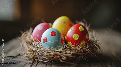 Decorated eggs in a nest. AI.
