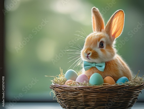 Cute bunny with Easter eggs. AI.
