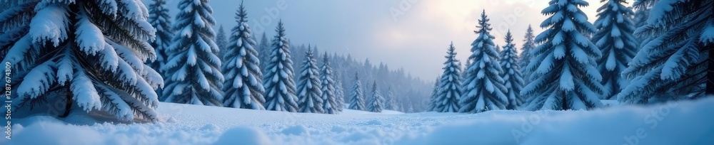 Frozen snowflakes gently falling on a coniferous forest, winter wonderland, conifers, cold atmosphere Frozen snowflakes gently falling on a coniferous forest, winter wonderland, conifers, cold atmosphere
