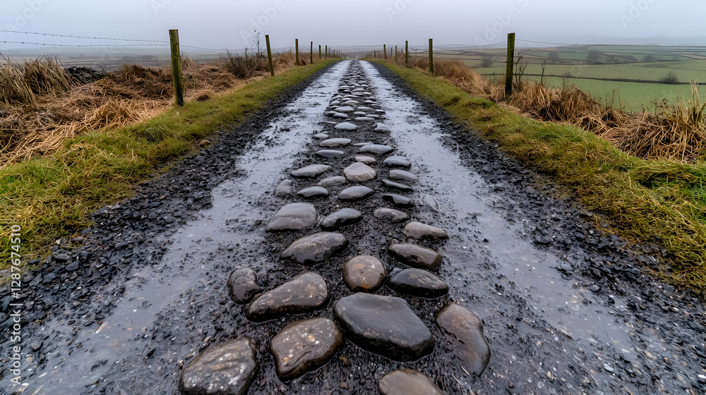 Fototapeta premium Misty rural road, stone path, wet, foggy landscape, travel