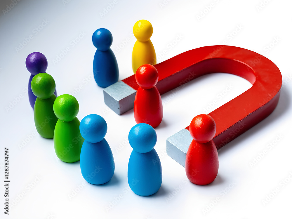 Obraz premium Colorful figurines of people surround red horseshoe magnet. Attracting clients core business strategy. Image represents customer acquisition. Retention strategies. Attracting new customers. Effective